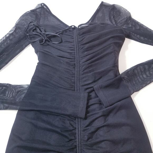 Cinq a Sept Black Ruched Mesh Mini Bodycon Dress Long Sleeves Plunging Neckline - Picture 10 of 12
